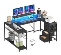 YITAHOME Bureau d'angle avec tiroirs et Espace de Rangement, Bureau de Jeu avec LED et Support pour écran, pour Bureau à Domicile, Bureau Gaming réversible avec Prises et Ports, 158x100 cm, Noir