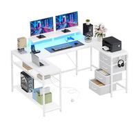 YITAHOME Bureau d'angle avec tiroirs et Espace de Rangement, Bureau de Jeu avec LED et Support pour écran, pour Bureau à Domicile, Bureau Gaming réversible avec Prises et Ports, 158x100 cm, Blanc