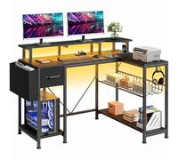 YITAHOME Bureau d'angle L LED USB Tiroirs Prises Support Ecran 120cm Noir
