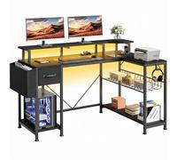 YITAHOME Table de Jeu avec Prises et lumières LED en Forme de L avec Support pour écran, Bureau d'angle avec tiroirs et étagères, Bureau d'ordinateur pour Bureau à Domicile, 137 x 50 x 92 cm, Noir