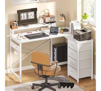 YITAHOME Bureau d'angle Multifonction avec Étagère de Rangement DIY à 4 Niveaux, 2 Ports USB et Prises Électriques pour Domicile, Étude, Salon - 130x100x75cm, Blanc