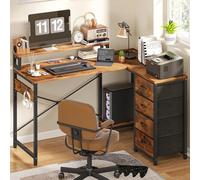 YITAHOME Bureau d'angle Multifonction avec Étagère de Rangement DIY à 4 Niveaux, 2 Ports USB et Prises Électriques - pour Domicile, Étude, Salon - 130x100x75cm, Marron Vintage