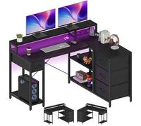 YITAHOME Bureau d'angle réversible en Forme de L avec Port de Charge USB et Prise, avec 4 tiroirs et étagère, Bureau de Jeu avec Support d'écran, 140 x 100 cm, Noir