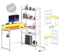 YITAHOME Bureau de Jeu avec étagère, Table de Jeu avec LED réversible, Bureau d'angle avec 2 Prises et 2 Ports de Charge USB, Table de Jeu, en Forme de L, avec Support d'écran et Crochets, 106 cm,