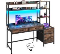 YITAHOME Bureau d'ordinateur avec tiroirs 150cm Gaming LED USB Prise Marron