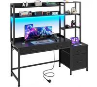 YITAHOME Bureau d'ordinateur avec tiroirs 150cm Gaming LED USB Prise Noir