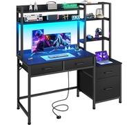YITAHOME Bureau d'ordinateur avec tiroirs, Bureau à Domicile, Rangement et étagères, Bureau de Jeu, avec lumière LED et Prises, Bureau d'angle, Noir
