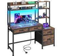 YITAHOME Bureau d'ordinateur avec tiroirs, Bureau à Domicile, Rangement et étagères, Bureau de Jeu, avec lumière LED et Prises, Bureau d'angle Marron Vintage