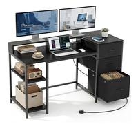 YITAHOME Bureau d'ordinateur avec tiroirs Prise d'alimentation, Table de jeu avec moniteurs et étagères, Bureau d'angle avec espace de stockage et tiroir de fichiers, 144x50 cm Table d'ordinateu, Noir