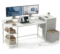 YITAHOME Bureau d'ordinateur avec tiroirs Prise d'alimentation, Table de jeu avec moniteurs et étagères, Bureau d'angle avec espace de stockage et tiroir de fichiers, 144x50 cm Table d'ordinate, Blanc