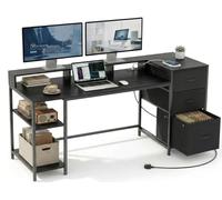 YITAHOME Bureau d'ordinateur avec tiroirs Prise d'alimentation, Table de jeu avec moniteurs et étagères, Bureau d'angle avec espace de stockage et tiroir de fichiers, 144x50 cm Table d'ordinateu, Noir