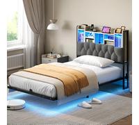 YITAHOME Cadre de lit LED avec tête de lit avec éclairage LED, Station de Charge USB, avec tête de lit Flottante, Structure en métal, Housse en Tissu Gris, sans Matelas, 120 x 200 cm
