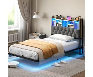 YITAHOME Cadre de lit LED avec tête de lit avec éclairage LED, Station de Charge USB, avec tête de lit Flottante, Structure en métal, Housse en Tissu Gris, sans Matelas, 120 x 200 cm