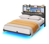 YITAHOME Cadre de lit LED avec tête de lit, éclairage LED, station de charge USB, design flottant, cadre en métal, housse en tissu gris, sans matelas, 140 x 200 cm