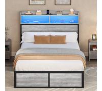 YITAHOME Cadre de lit LED avec tête de lit, Ports USB et Sorties de Charge, Cadre de lit en métal avec 2 étagères, Pas de Matelas nécessaire, Gris, 200 x 140 cm