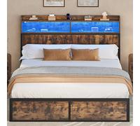 YITAHOME Cadre de lit LED avec tête de lit, Ports USB et Sorties de Charge, Cadre de lit en métal avec 2 étagères, Pas de Matelas nécessaire, Marron, 200 x 180 cm
