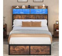 YITAHOME Cadre de lit LED avec tête de lit, Ports USB et Sorties de Charge, Cadre de lit en métal avec 2 étagères, Pas de Matelas nécessaire, Marron, 200 x 140 cm
