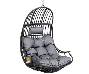 YITAHOME Chaise Suspendue Oeuf avec Coussin 150 kg, Fauteuil Hamac Suspendu Extérieur/Intérieur avec Porte-gobelet, Siège Pendentif en Rotin pour Jardin Terrasse Balcon Salon, Gris