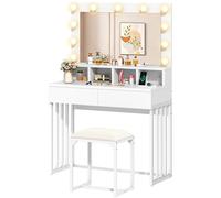 YITAHOME Coiffeuse avec éclairage, Coiffeuse avec Miroir et Tabouret 3 Couleurs avec Luminosité Réglable, Coiffeuse avec 2 Tiroirs Station de Charge Coiffeuse avec Miroir Table Cosmétique Blanche