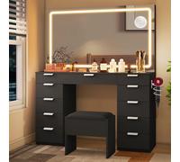 YITAHOME Coiffeuse avec éclairage LED, 3 Couleurs avec luminosité réglable, Miroir pour Maquillage, avec Prise de Courant, 11 tiroirs, Moderne, Noire