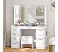 YITAHOME Coiffeuse avec Éclairage LED - Miroir - Table de Maquillage avec Prise Électrique - 11 tiroirs - Blanc - 114 x 40 x 139 cm