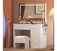 YITAHOME Coiffeuse avec éclairage LED réglable et Prises, Coiffeuse avec 4 tiroirs et Tabouret, Blanche (Table de Maquillage, Table de Maquillage, Vanity Table)