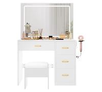 YITAHOME Coiffeuse avec éclairage LED réglable et Prises, Coiffeuse avec Miroir, 4 tiroirs et Tabouret, Blanche