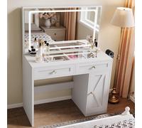 YITAHOME Coiffeuse avec éclairage LED réglable et Prises électriques, Coiffeuse avec Miroir, Coiffeuse avec tiroirs séparés, Bureau Transparent, Blanc