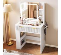 YITAHOME Coiffeuse avec éclairage LED réglable et Prises - Table de Maquillage avec Plateau en Verre Transparent - pour Chambre à Coucher, 1 tiroir et 4 Compartiments - Blanc