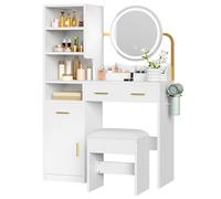 YITAHOME Coiffeuse avec éclairage, luminosité réglable, Miroir, tiroirs, Portes de Coiffeuse, Table de Maquillage Moderne avec Tabouret, étagères réglables, Support pour sèche-Cheveux