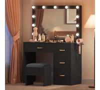 YITAHOME Coiffeuse avec Miroir, 4 tiroirs, Tabouret, éclairage, Prise de Courant, Noire (Table de Maquillage, Coiffeuse, Table de vanité)