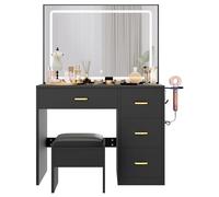 YITAHOME Coiffeuse avec Miroir, 4 tiroirs, éclairage, Prise de Courant, Noire (Table de Maquillage, Coiffeuse, Table de vanité)