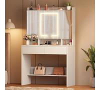 YITAHOME Coiffeuse avec Miroir et 10 Lumières LED, 3 Tonalités et Luminosité Réglable Table de Maquillage Moderne avec Miroir, Étagères Réglables, Armoire Bijoux, 2 Tiroirs, Blanc