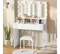 YITAHOME Coiffeuse avec Tabouret, éclairage LED Hollywood, 3 Couleurs avec luminosité réglable, Coiffeuse avec Miroir, 2 Ports de Charge USB, Table cosmétique avec Miroir, 2 tiroirs pour Chambre à