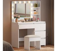 YITAHOME Coiffeuse Contemporaine avec Éclairage, Miroir, Tabouret, 4 Tiroirs, Blanc