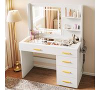 YITAHOME Coiffeuse éclairée Miroir Tabouret Lumière réglable 5 tiroirs Compartiments Ouverts Blanc