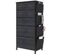 YITAHOME Commode, 5 Tiroirs en Tissu Commode Chambre Meuble de Rangement avec Poches latérales et Crochets,Cadre en Métal,pour Chambre à Coucher, Salon,Grain de Bois Noir