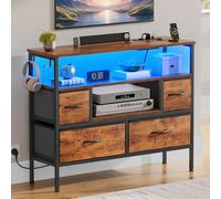 YITAHOME Commode avec Prises et lumières LED - Commode en Tissu avec 4 tiroirs et 2 Crochets - Convient pour téléviseurs jusqu'à 32" - Armoire en Tissu pour Chambre à Coucher, Salon - Marron Rustique