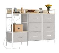 YITAHOME Commode de chambre à coucher avec 7 tiroirs en tissu, 2 prises, 2 ports USB et barre lumineuse LED, meuble TV avec crochets latéraux, blanc cassé
