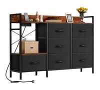 YITAHOME Commode de chambre à coucher avec 7 tiroirs en tissu, 2 prises, 2 ports USB et barre lumineuse LED, meuble TV avec crochets latéraux, noir