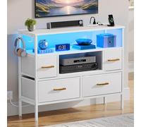 YITAHOME Commode en Tissu avec Prises et lumières LED, 4 tiroirs et 2 Crochets, Convient pour Les téléviseurs jusqu'à 32 Pouces, Commode en Tissu pour Chambre à Coucher, Salon, Bureau à Domicile