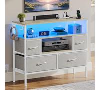 YITAHOME Commode en tissu avec prises et lumières LED, 4 tiroirs et 2 crochets, convient pour les téléviseurs jusqu'à 32 ", pour chambre à coucher, salon, bureau à domicile, gris clair