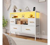 YITAHOME Commode pour chambre à coucher avec 4 tiroirs en tissu, buffet avec 2 prises, 2 ports USB et barre lumineuse LED, meuble TV avec crochets latéraux, blanc