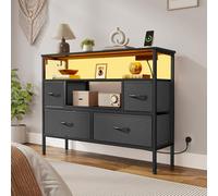 YITAHOME Commode pour chambre à coucher avec 4 tiroirs en tissu, buffet avec 2 prises, 2 ports USB et barre lumineuse LED, meuble TV avec crochets latéraux, gris foncé