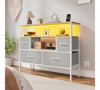 YITAHOME Commode pour chambre à coucher avec 4 tiroirs en tissu, buffet avec 2 prises, 2 ports USB et barre lumineuse LED, meuble TV avec crochets latéraux, gris clair