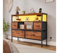 YITAHOME Commode pour chambre à coucher avec 4 tiroirs en tissu, buffet avec 2 prises, 2 ports USB et barre lumineuse LED, meuble TV avec crochets latéraux, marron rustique