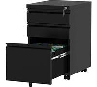 YITAHOME Caisson de Bureau, 3 Tiroirs Métal Caisson de Rangement avec Serrure, Meuble de Bureau Mobile Caisson Tiroir Bureau Domicile avec roulettes pour Dossiers Suspendus, Noir, 46 x 39 x 62cm