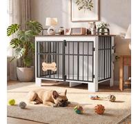 YITAHOME Grande Cage pour Chien 100 cm, Double Porte en Bois avec Rails Anti-Chute et Crochet latéral, Panneau de Bienvenue en Forme d'os, Table d'appoint pour Chiens de Petite et Moyenne Taille