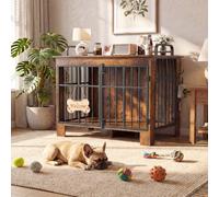 YITAHOME Grande Cage pour Chien 100 cm, Double Porte en Bois avec Rails Anti-Chute et Crochet latéral, Panneau de Bienvenue en Forme d'os, Table d'appoint pour Chiens de Petite et Moyenne Taille