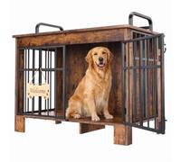 YITAHOME Grand Meuble Cage Chien Bois 100cm, Double Porte, Brun Rustique | Barres anti-chute, plaque Bienvenue os, crochet, verrou. Table d'appoint. Pour moyens/grands chiens 50kg. Nettoyage facile.